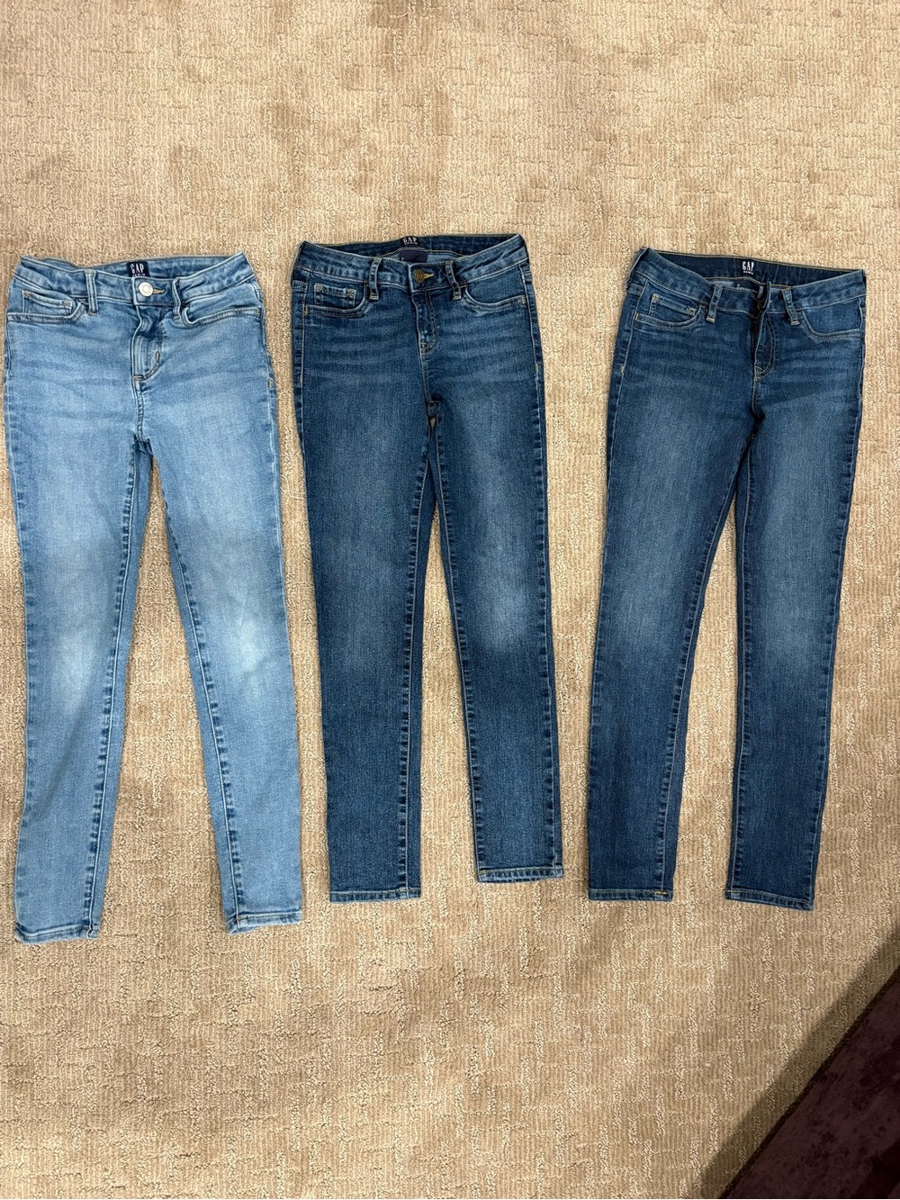 GAP Girls Three-Pack Skinny Jeans in Light Blue, Medium Blue & Dark Blue